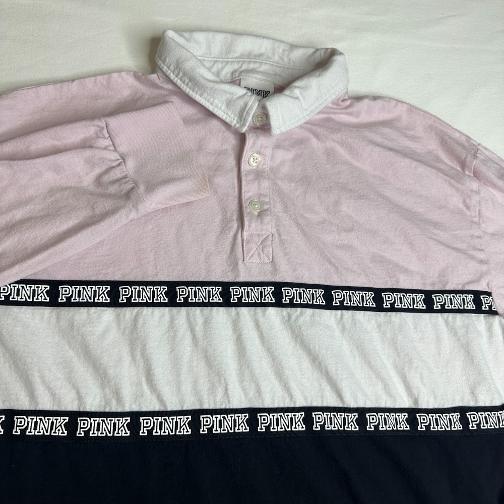 Victoria's Secret Pink Colorblock Long Sleeve Rugby Tee‎ Medium Pink White Black